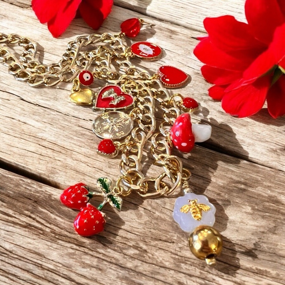 Gold Toned and Red Charm Necklace Enamel Glass Ceramic Crystal 20” - Picture 6 of 17